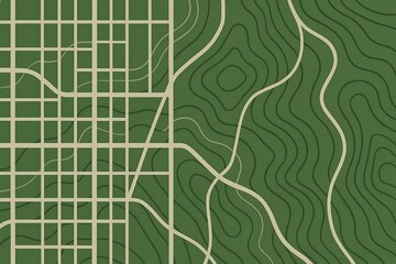 Abstract illustration contrasting a structured urban grid with a natural topographic terrain map, representing city planning, urban development, environment, sustainability, and landscape design