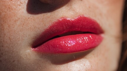 Close-Up of Glossy Pink Lips with Natural Freckles Under Bright Light Showcasing Makeup Beauty and Aesthetic Appeal