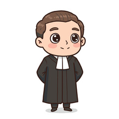 Vector cartoon illustration of a young businessman in a black suit and tie, smiling, standing, and ready for success at his office job