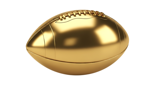 Shiny golden American football with detailed stitching and reflective surface isolated on a transparent background