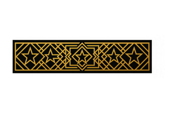 Gold art deco border design with geometric star pattern, elegant horizontal ornamental decoration on transparent background