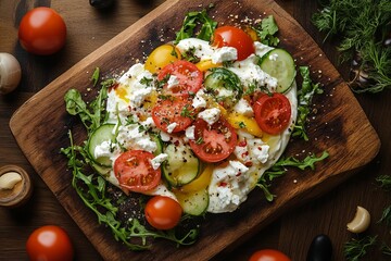 Wooden board with fresh salad of tomatoes, cucumbers, feta, and herbs