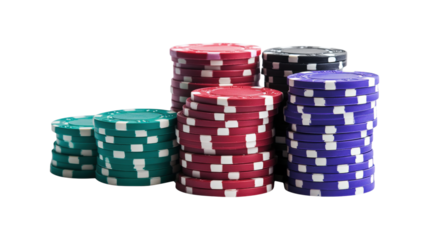 Stacks of colorful poker chips isolated on a transparent background