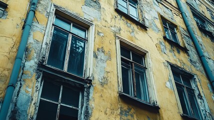 Yellow, weathered building facade with many windows