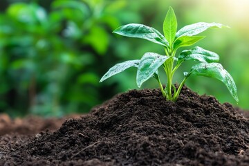 Young plant sprout emerging from dark soil, blurred greenery background