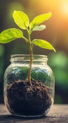 Young plant sprout in clear glass jar, sunlight