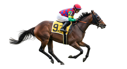 Jockey in colorful silks riding a brown racehorse with yellow saddle cloth number nine isolated on a transparent background