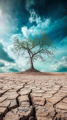 A lone tree stands on cracked earth, dramatic sky