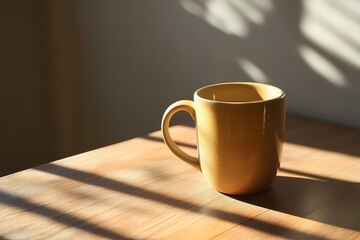 A muted yellow mug on a light-wood table, sunlit shadows