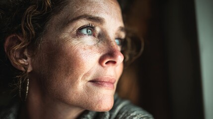 Thoughtful woman gazing out of a window with soft lighting, showcasing deep emotions and natural beauty in a serene indoor environment.