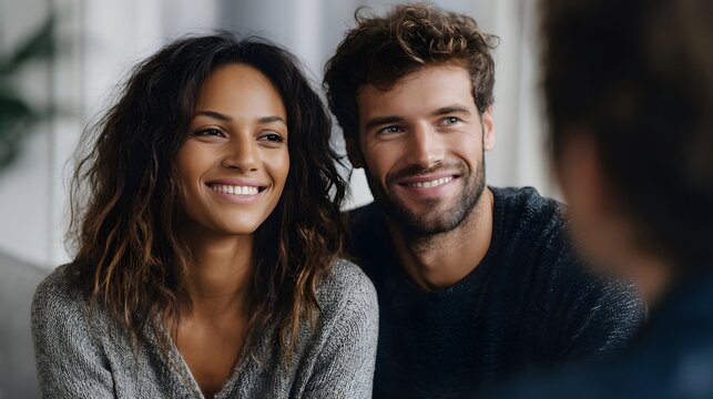 A smiling diverse couple engages positively in a consultation discussing plans with a professional