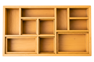 Top-down view of an empty wooden compartment storage box isolated on a transparent background