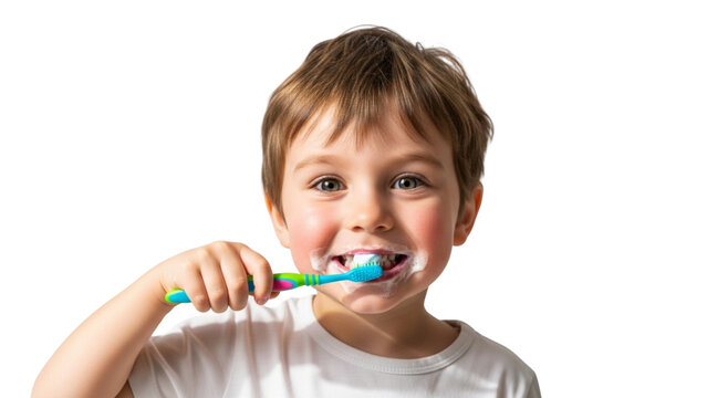 Happy little boy brushing his teeth with a blue toothbrush, promoting dental hygiene and healthy habits.