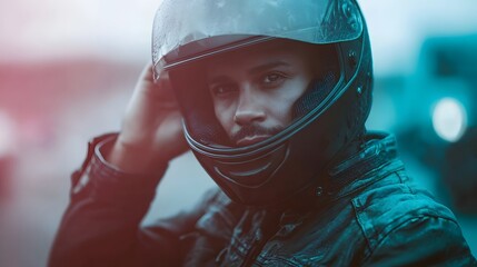A close up portrait of a motorcycle rider adjusting his helmet in atmospheric lighting