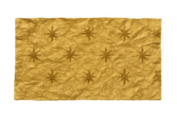 Golden crumpled paper texture with embossed star patterns, abstract shining gold background material on transparent