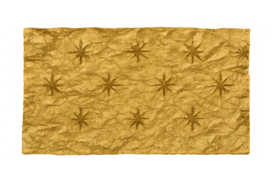 Golden crumpled paper texture with embossed star patterns, abstract shining gold background material on transparent