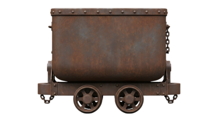 Rusty metal mining cart with riveted edges and two wheels isolated on a transparent background mine cart