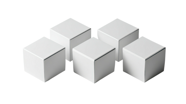 Group of five white cubes with simple geometry on a black background