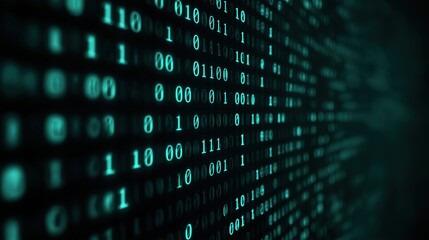 A digital display of binary code, showcasing a pattern of ones and zeros in a vibrant teal color, representing data and technology.
