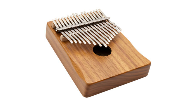 Wooden Kalimba Thumb Piano with Metal Tines and Sound Hole isolated on a transparent background musical instrument