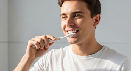 A young man brushing his teeth and smiling in front of the mirror, maintaining oral hygiene and a healthy lifestyle.