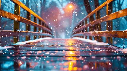 Enchanting snowy wooden bridge illuminated by warm lights in a magical winter forest