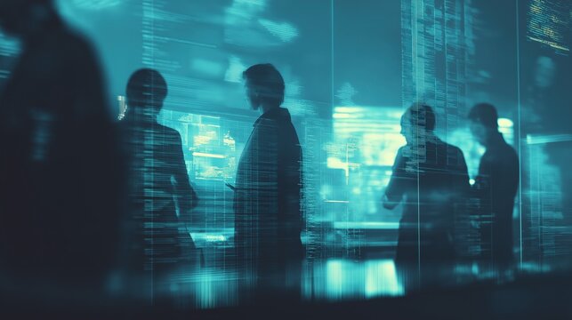 A group of silhouetted figures in a digital environment, with glowing blue graphics and data overlays, suggesting a high-tech or corporate setting.