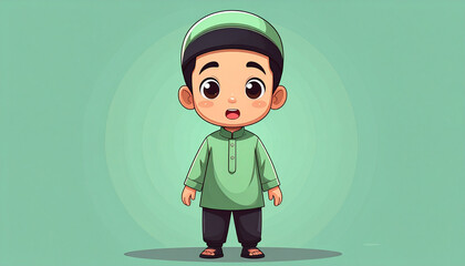 Cute Muslim Boy Wearing Green Traditional Outfit on Light Green Background