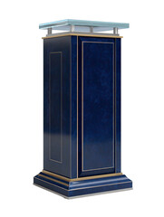 Glossy blue pedestal with gold trim and glass top on black