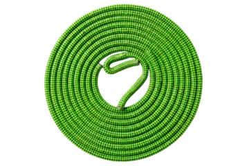 Coiled bright green climbing rope for safety and mountaineering isolated on a transparent background