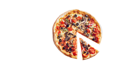 Sliced pizza with olives, tomato, mushroom isolated on black