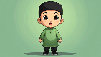 Cute Muslim Boy Wearing Green Traditional Outfit on Light Green Background