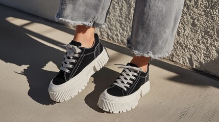 Stylish black and white platform sneakers worn with cropped jeans, showcasing a trendy urban footwear look against a sunlit background.