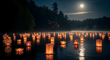Floating Lanterns on a Lake Under a Full Moon, Night Scene