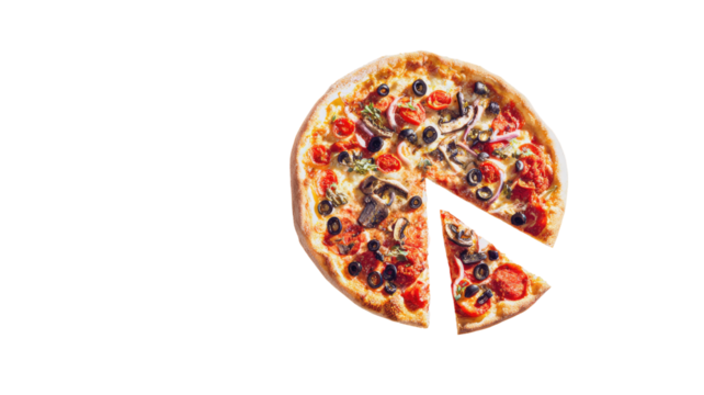 Sliced pizza with olives, tomato, mushroom isolated on black