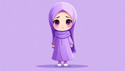 Adorable Muslim Girl in Purple Hijab and Dress on Soft Lilac Background