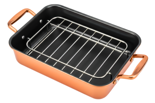 Copper colored nonstick roaster pan with a removable steel rack isolated on a transparent background