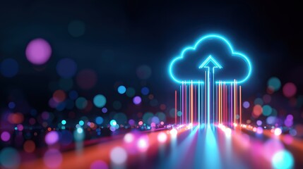 A vibrant digital representation of a cloud with an upward arrow, symbolizing cloud computing and data upload in a colorful, abstract background.