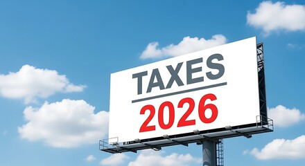 Fototapeta premium Billboard announcing taxes for the year 2026 against a cloudy sky