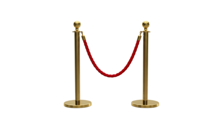 Two polished gold stanchions with red rope barrier isolated on a transparent background image