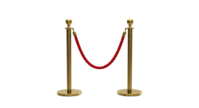 Two polished gold stanchions with red rope barrier isolated on a transparent background image
