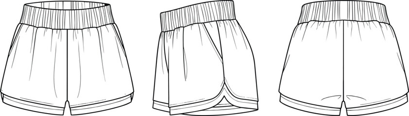 Athletic shorts, running shorts, sportswear, fashion sketch, technical drawing, vector apparel, elastic waistband, curved hem, side slit, cad drawing flat vector illustration