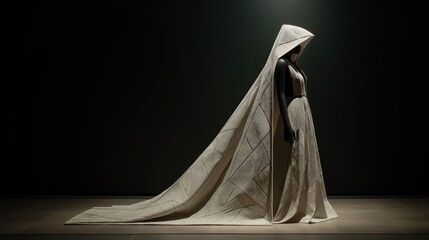 A striking display of a mannequin draped in a textured, hooded garment, emphasizing elegance and artistry in fashion design.