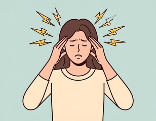 line illustration of a distressed woman, holding her head in her hands, indicate stress or a headache