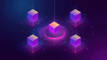 A vibrant digital illustration featuring glowing cubes arranged in a circular pattern, set against a dark, futuristic background.