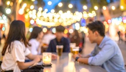 Bokeh background Street Bar beer restaurant, outdoor in asia, People sit chill out and hang out dinner and listen to music together in Avenue, Happy life ,work hard play hard. 