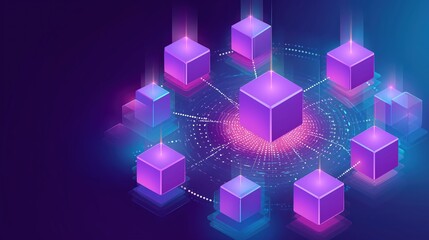 A digital representation of interconnected blocks with glowing effects, symbolizing technology, data, and network connections in a modern, abstract style.
