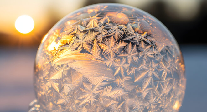 Frozen Soap Bubble with Ice Crystals at Sunset - Winter Macro Photography
