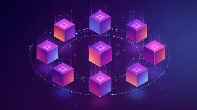 A futuristic design featuring glowing cubes arranged in a circular pattern against a dark background, showcasing vibrant colors and digital aesthetics.