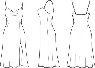 Elegant women’s dress fashion sketch, sleeveless cowl neck gown, side slit evening wear, technical CAD drawing, flat vector illustration